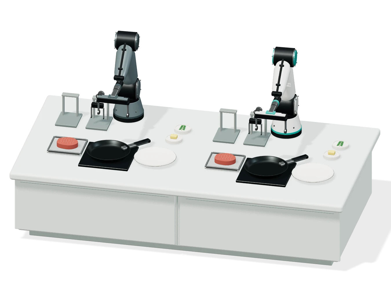 Two robot arms at a shared kitchen island, Baseline on the left and ZETIC optimized on the right